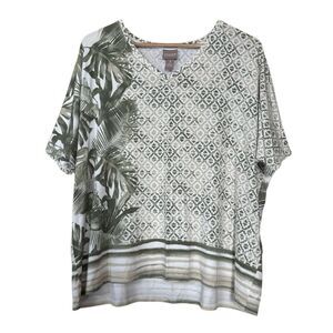 Chico’s short sleeve tropical geometric print top green white size XL | 3